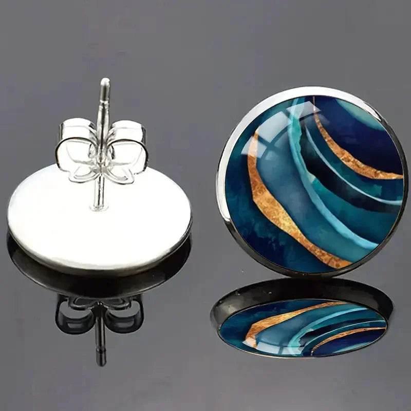 Marble Round Glass Stud Earrings – Unisex Style - ZA-Zola