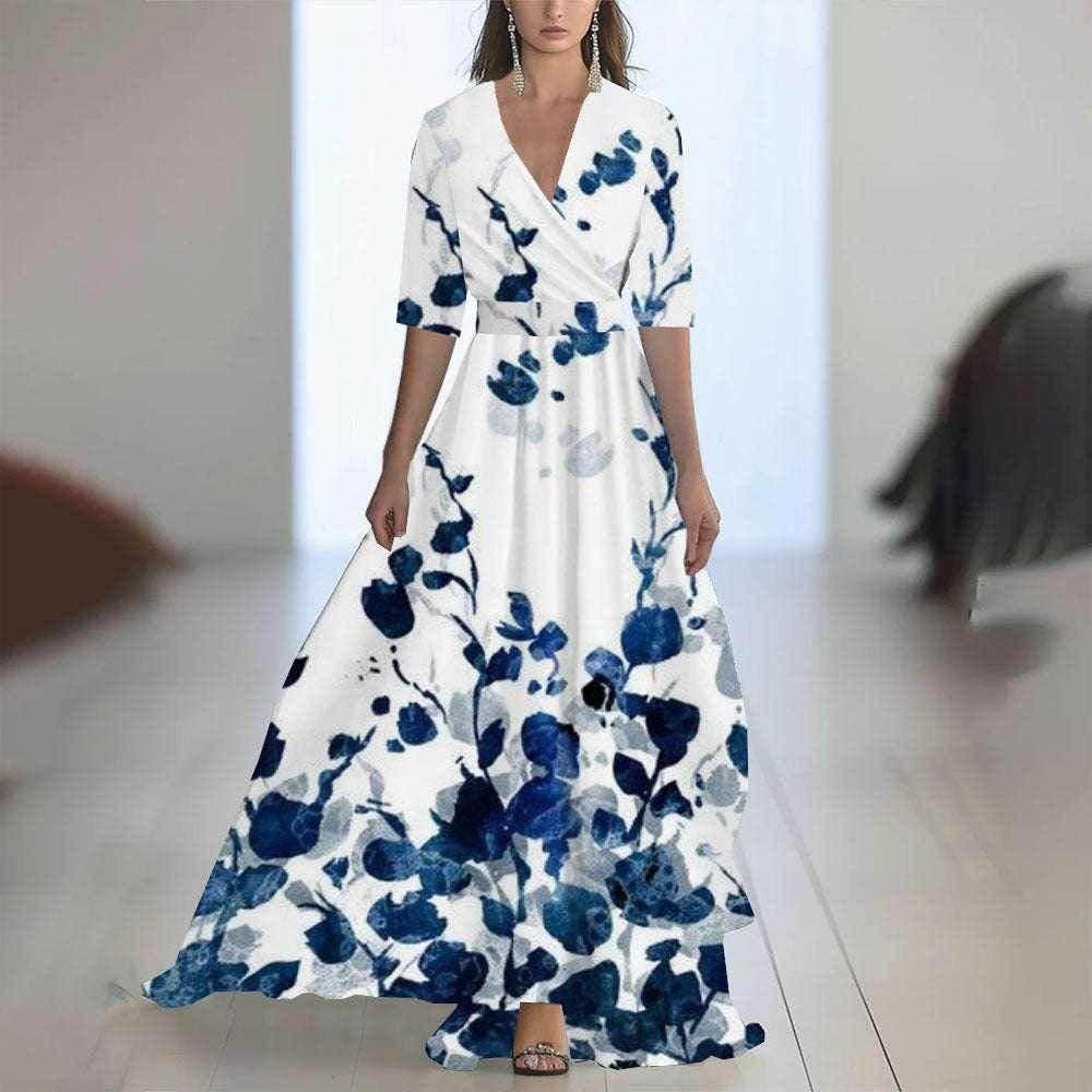 Floral Patchwork V-Neck Belted Maxi Dress - ZA-Zola