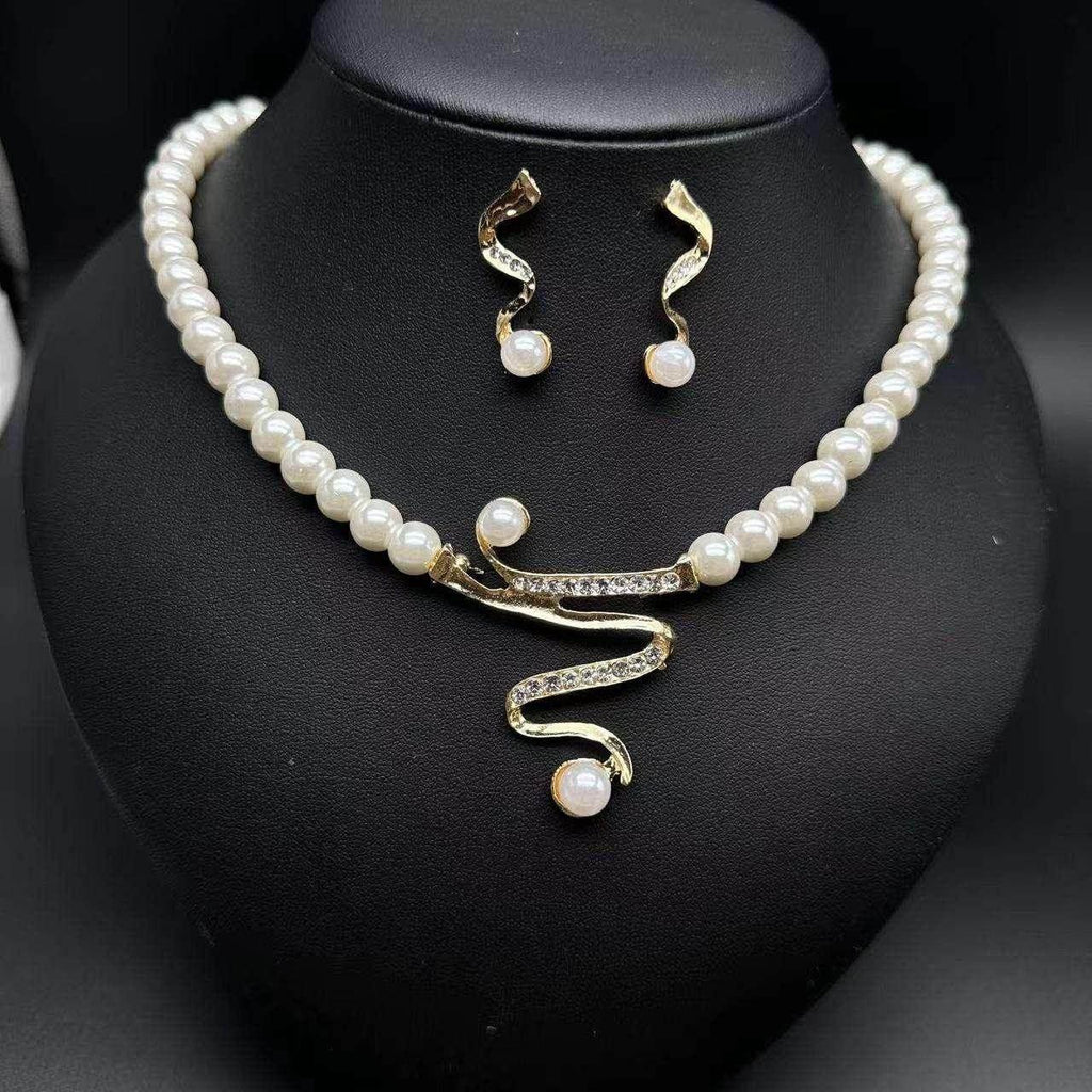 Deep V Clavicle Pearl Necklace & Earrings Set - ZA-Zola