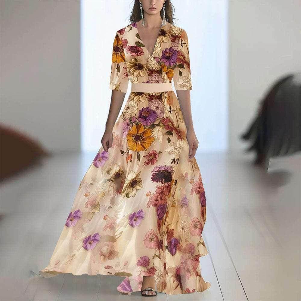 Floral Patchwork V-Neck Belted Maxi Dress - ZA-Zola
