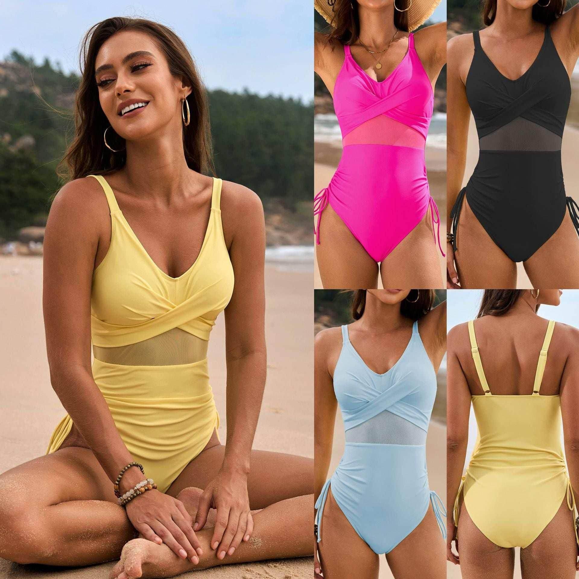 Women's Pure Color Mesh Drawstring One-Piece Swimsuit (S–XXL) - ZA-Zola