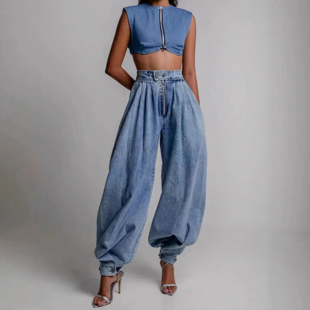 High Waist Zipper Denim Harem Shorts - ZA-Zola