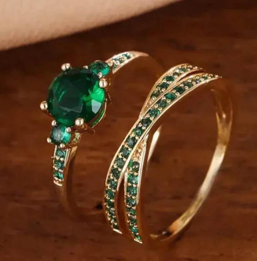 Emerald Zircon Retro Luxury Two-Piece Ring Set - ZA-Zola