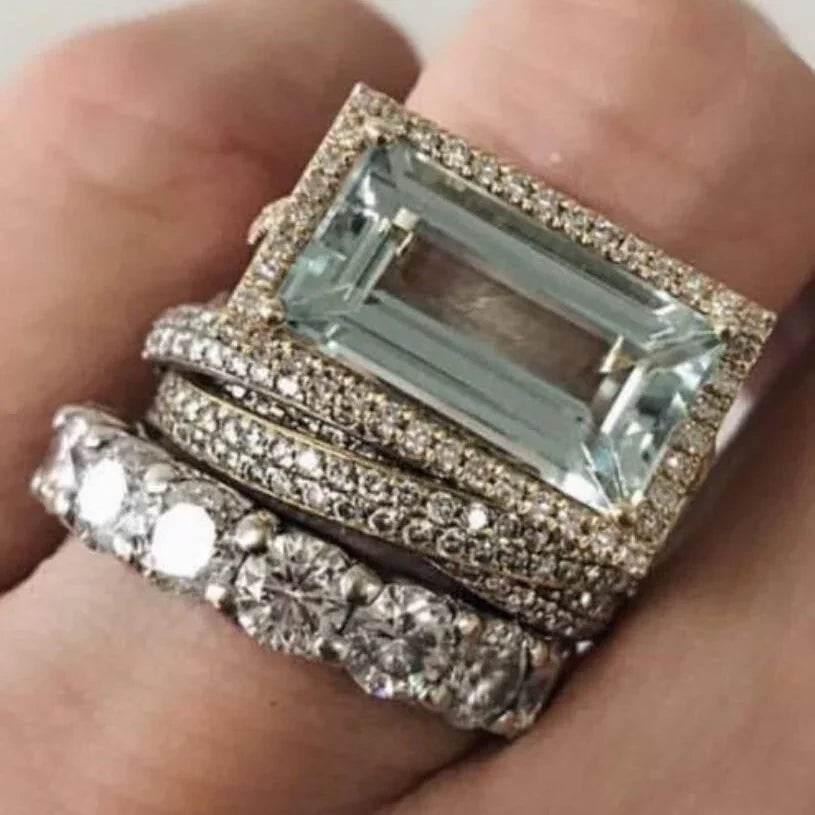 Silver Three-Piece Geometric Couple Ring Set - ZA-Zola