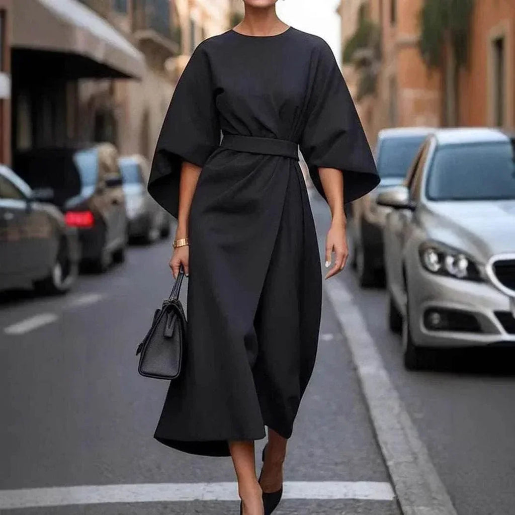 Loose Batwing Sleeve Waist-Tight Dress - ZA-Zola