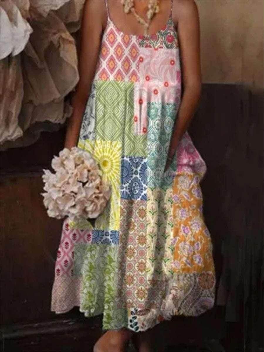 Floral Art Print Holiday Dress – Long Sleeve Sling Style (S–5XL) - ZA-Zola