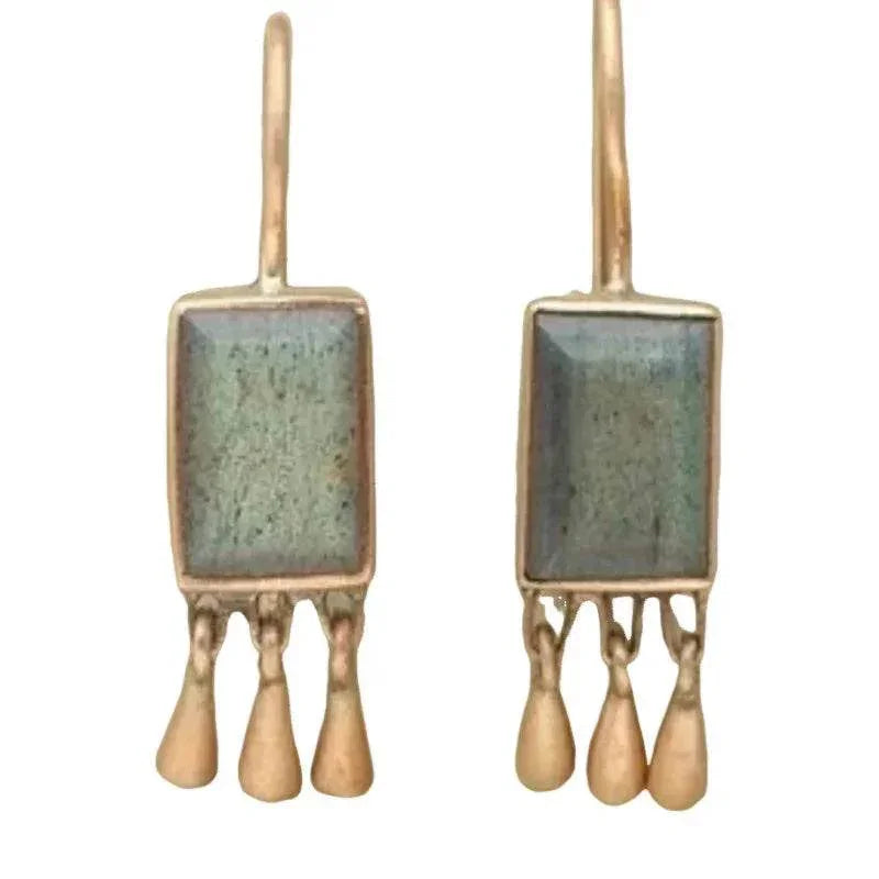 Retro Turquoise Tassel Earrings | Boho Geometric Gold - ZA-Zola