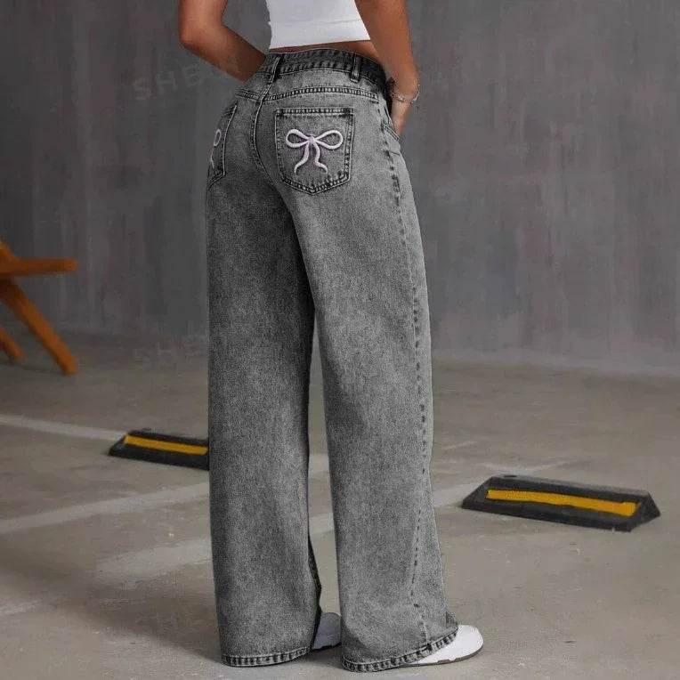 Vintage Bow Washed Straight Jeans for Women - ZA-Zola