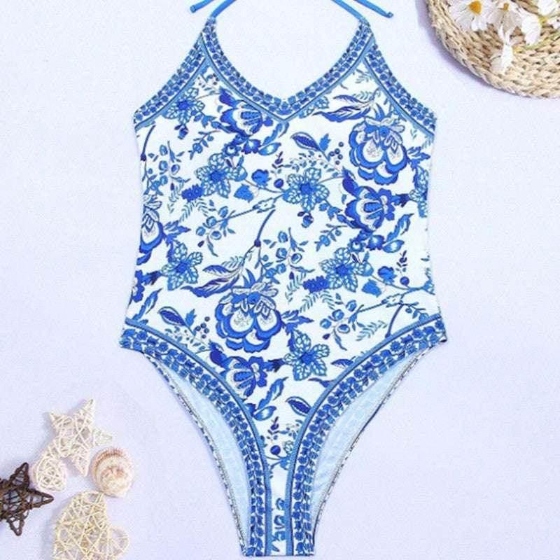 European American Floral Print Halter Backless Swimsuit - ZA-Zola
