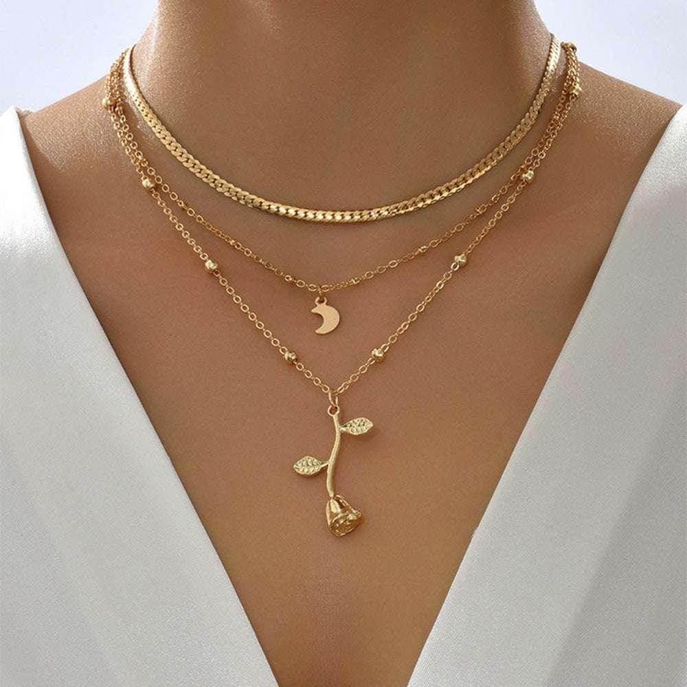 Bohemian Gold Rose Moon Layered Pendant Necklace - ZA-Zola