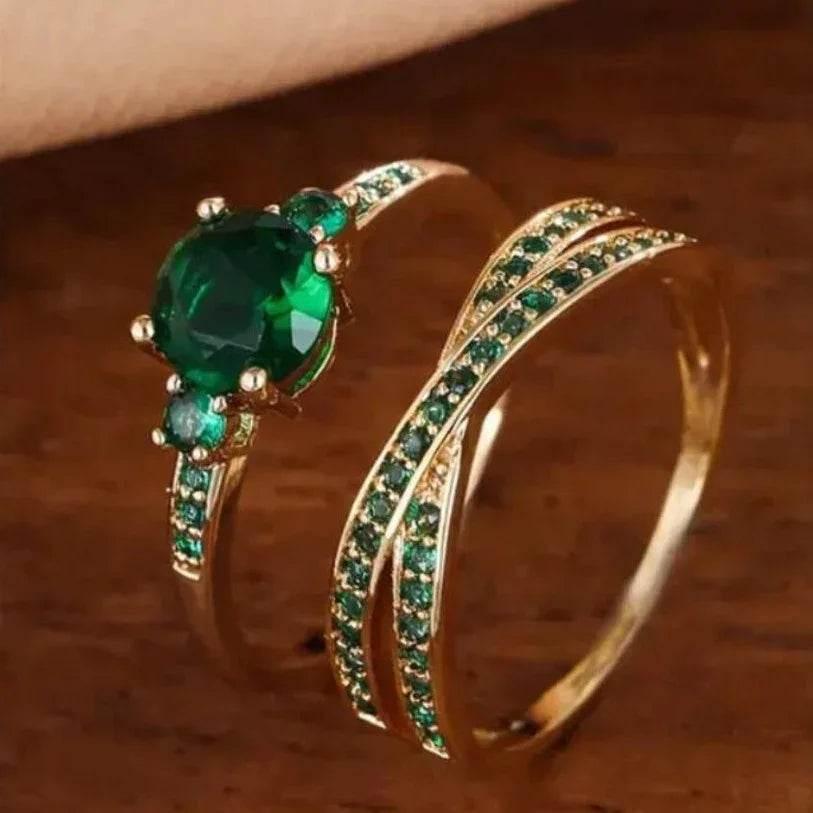 Emerald Zircon Retro Luxury Two-Piece Ring Set - ZA-Zola