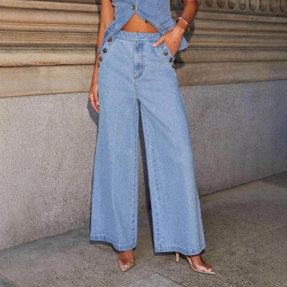 Woman wearing wide-leg denim jeans and a matching sleeveless top from ZA-Zola fashion