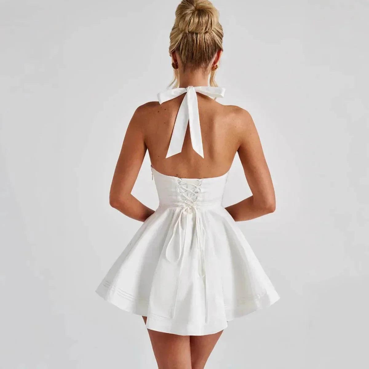 Halter Deep V Short Dress with Bow – White - ZA-Zola