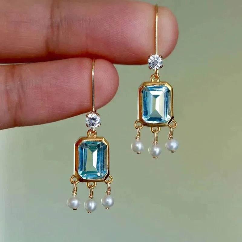 Small Chic Sea Blue Topaz Earrings – Retro Charm - ZA-Zola