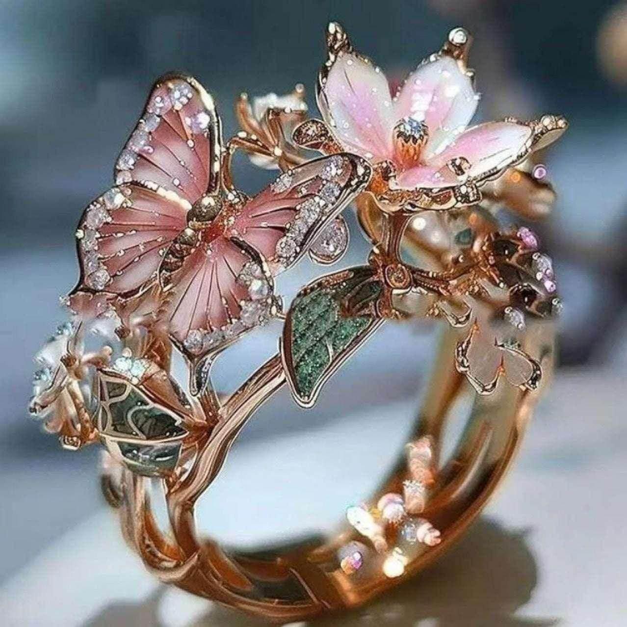 Butterfly Flower Ring | Rhinestone Open Band Jewelry - ZA-Zola