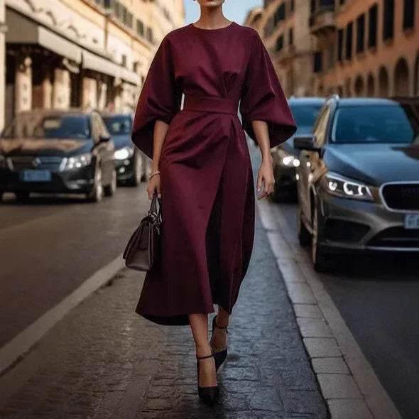 Loose Batwing Sleeve Waist-Tight Dress - ZA-Zola