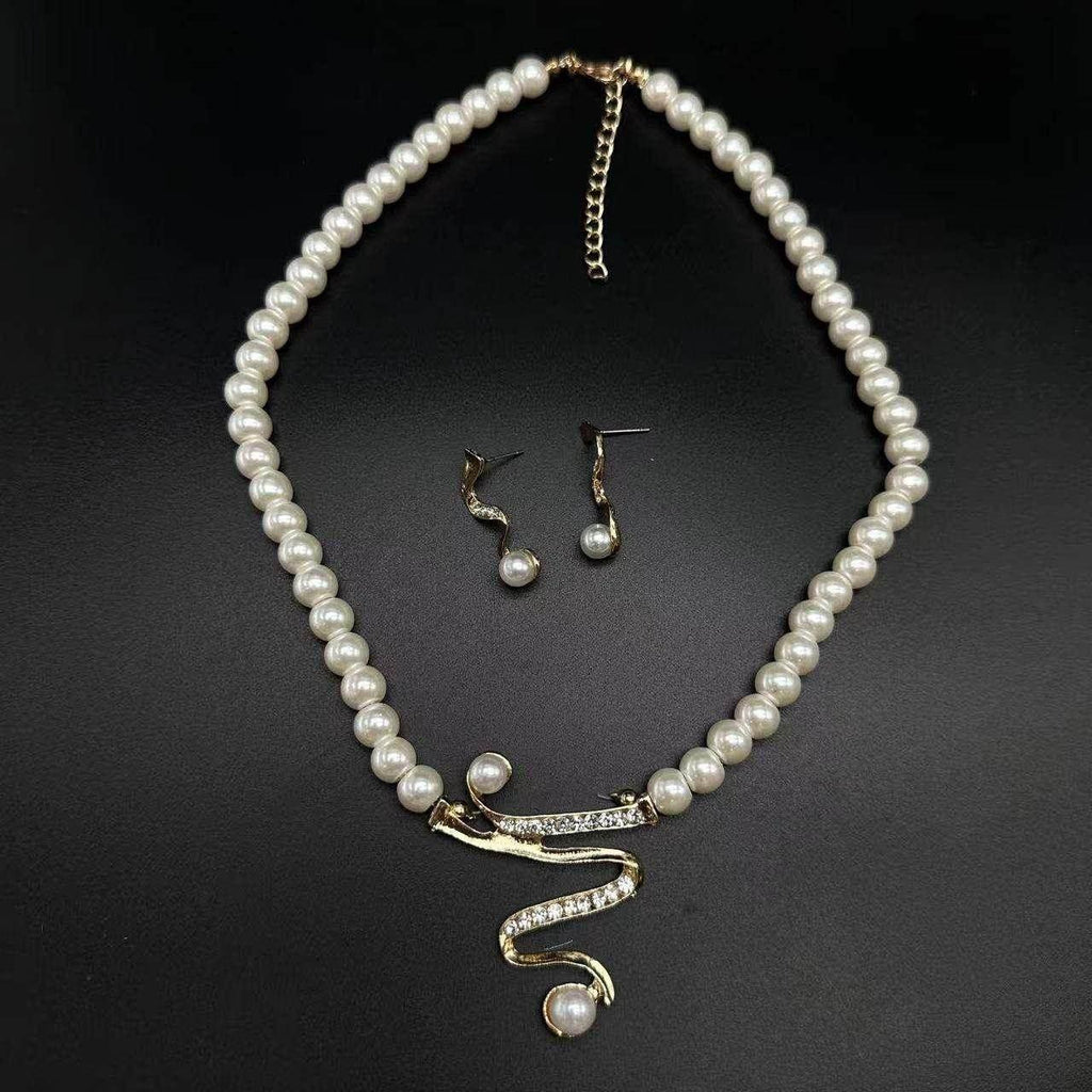 Deep V Clavicle Pearl Necklace & Earrings Set - ZA-Zola