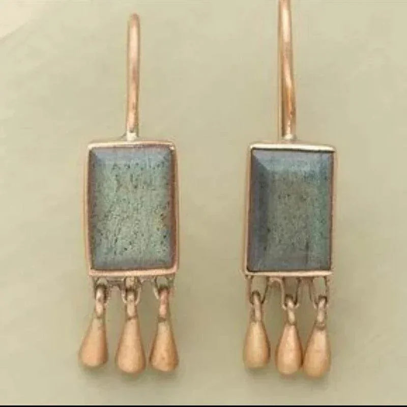 Retro Turquoise Tassel Earrings | Boho Geometric Gold - ZA-Zola