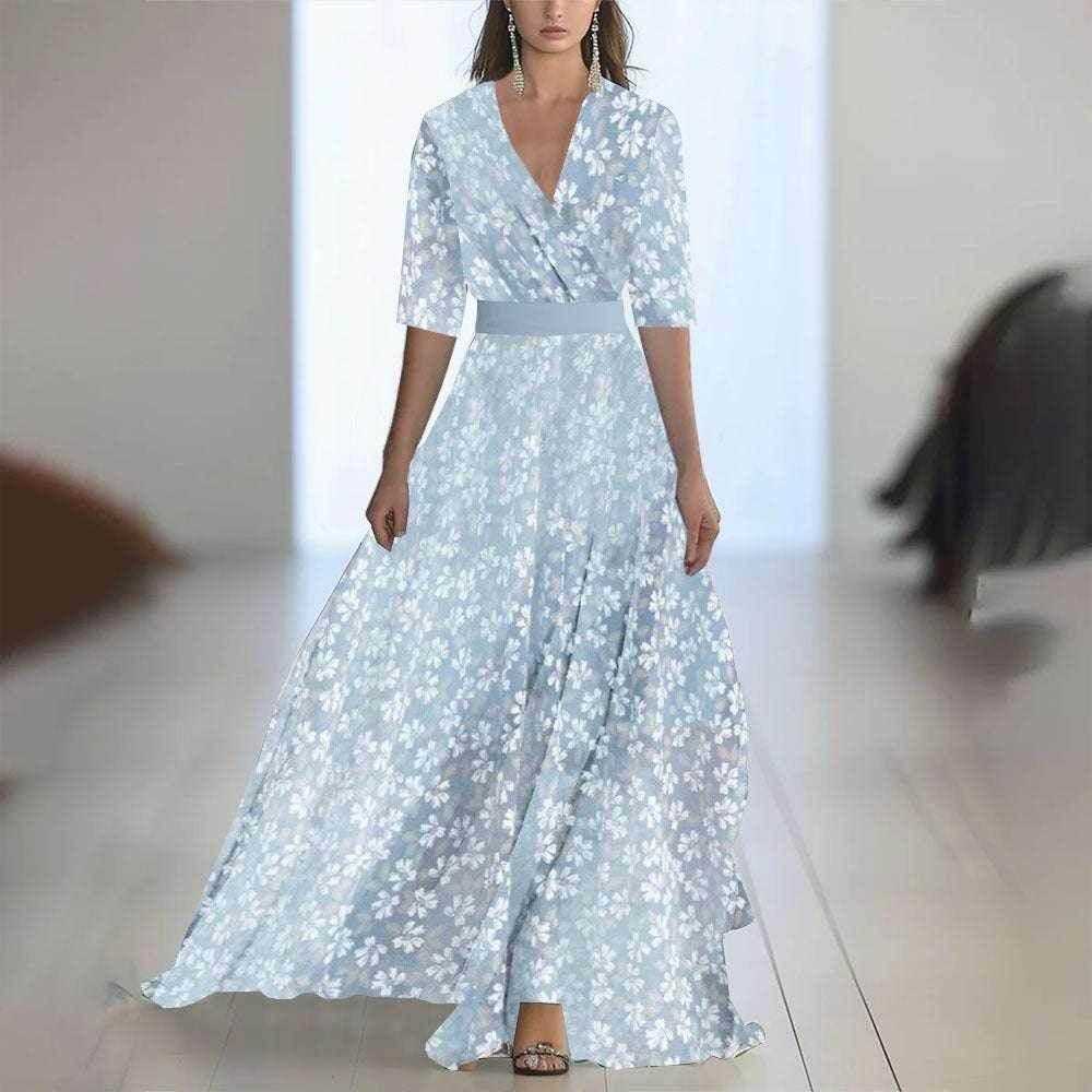 Floral Patchwork V-Neck Belted Maxi Dress - ZA-Zola