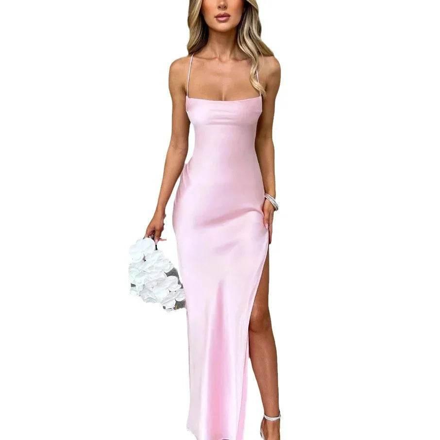 Premium Satin Sleeveless Backless Lace-Up Dress – Sultry Socialite Style - ZA-Zola