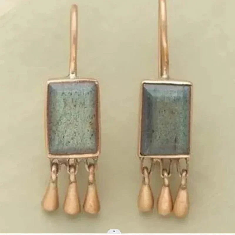 Retro Turquoise Tassel Earrings | Boho Geometric Gold - ZA-Zola