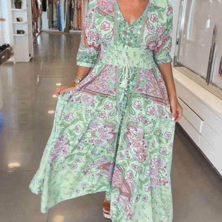 Floral Elastic Waist Dress – Sky Blue & Green - ZA-Zola