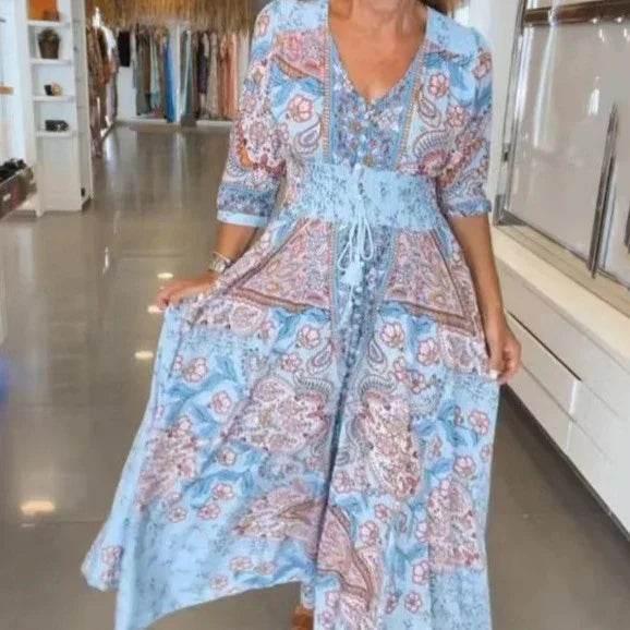Floral Elastic Waist Dress – Sky Blue & Green - ZA-Zola