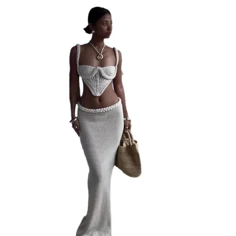 Y2K Crochet Knit 2pc Set – Low Waist Maxi Skirt - ZA-Zola