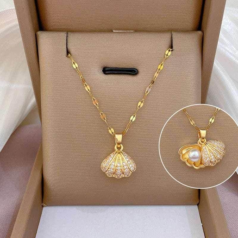 Shell Pearl & Rhinestone Titanium Necklace - ZA-Zola