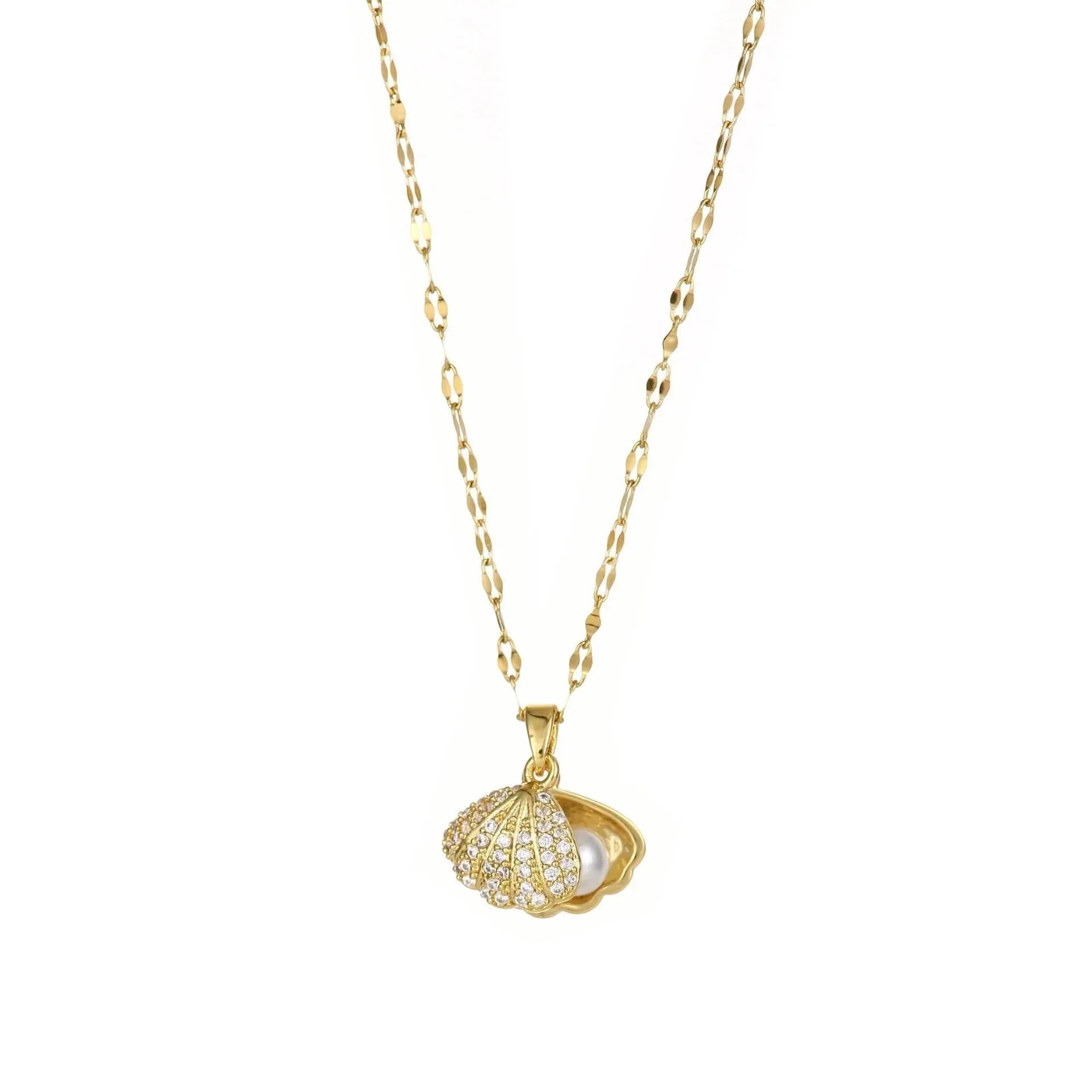 Shell Pearl & Rhinestone Titanium Necklace - ZA-Zola