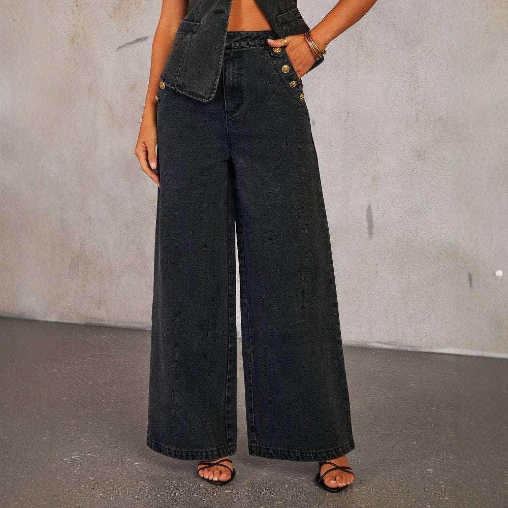 Woman wearing high-waisted wide leg black denim jeans from ZA-Zola UK fashion