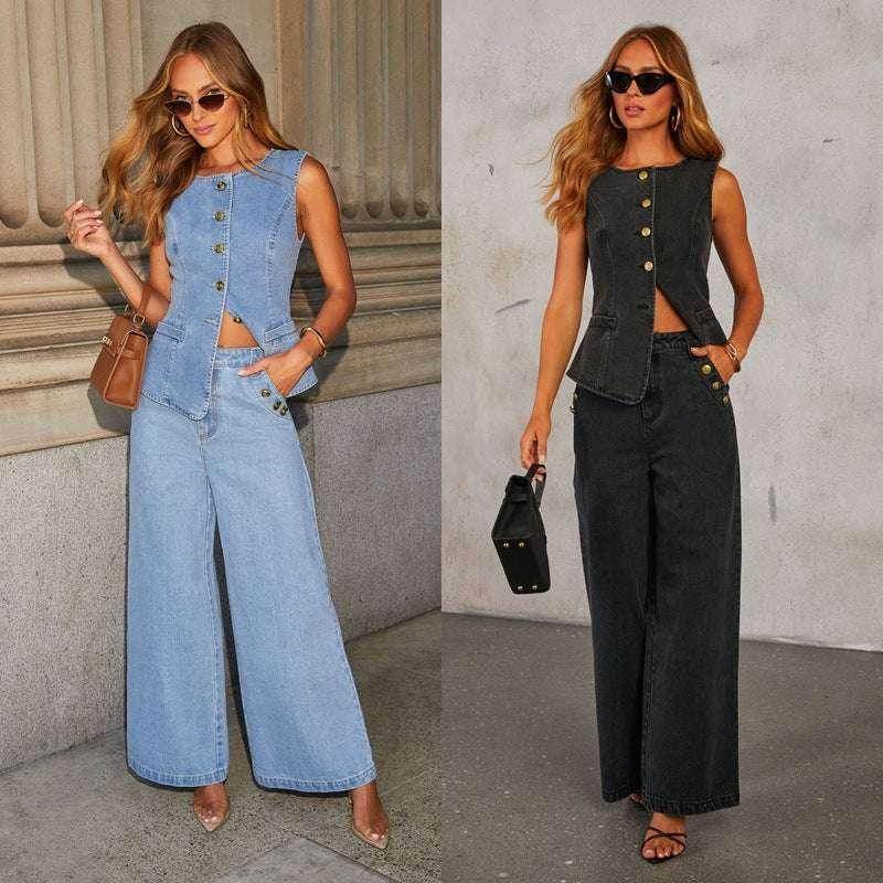 Woman modeling trendy ZA-Zola denim vest and wide-leg jeans in light and black washes