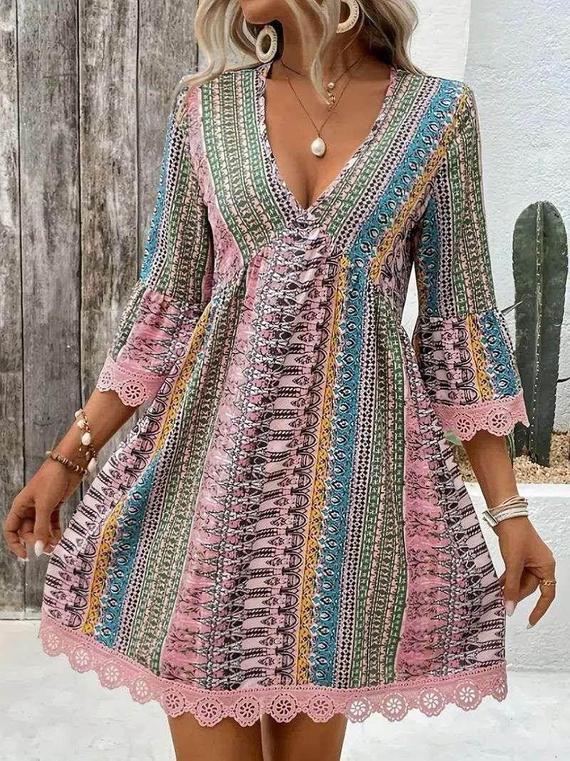Boho V-Neck Loose Printed Beach Dress for Women - ZA-Zola