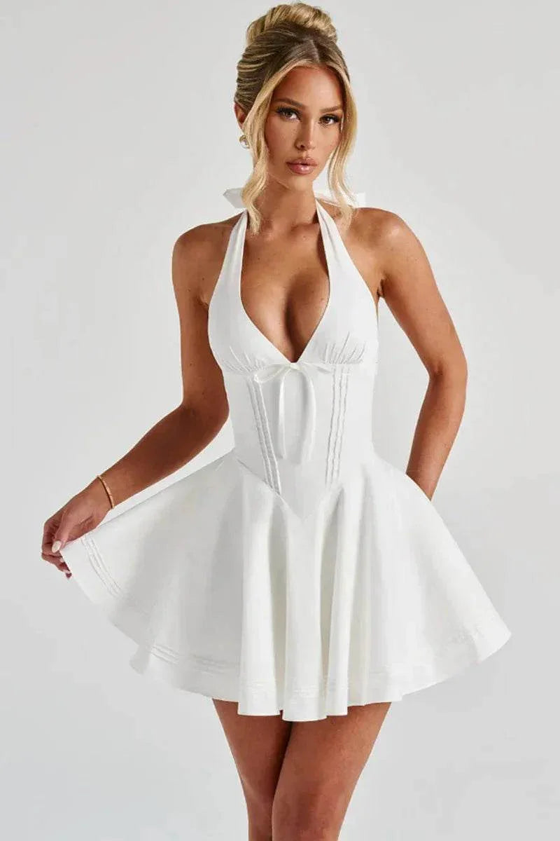 Halter Deep V Short Dress with Bow – White - ZA-Zola