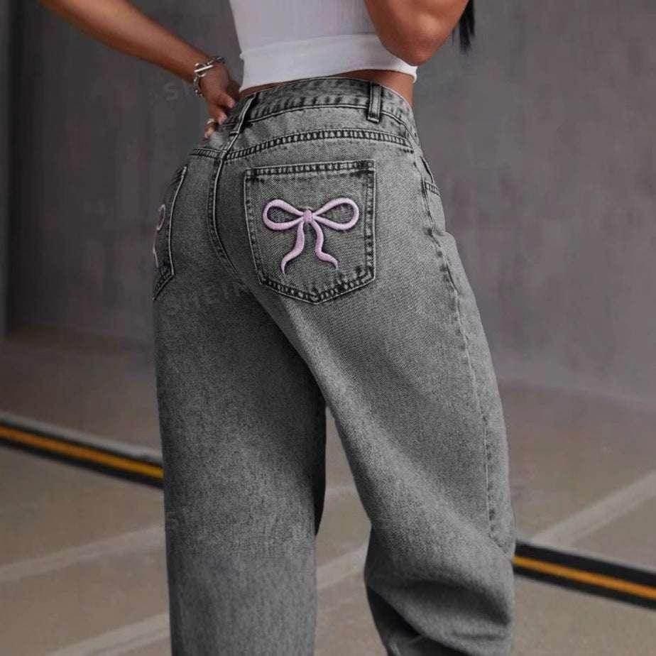 Vintage Bow Washed Straight Jeans for Women - ZA-Zola