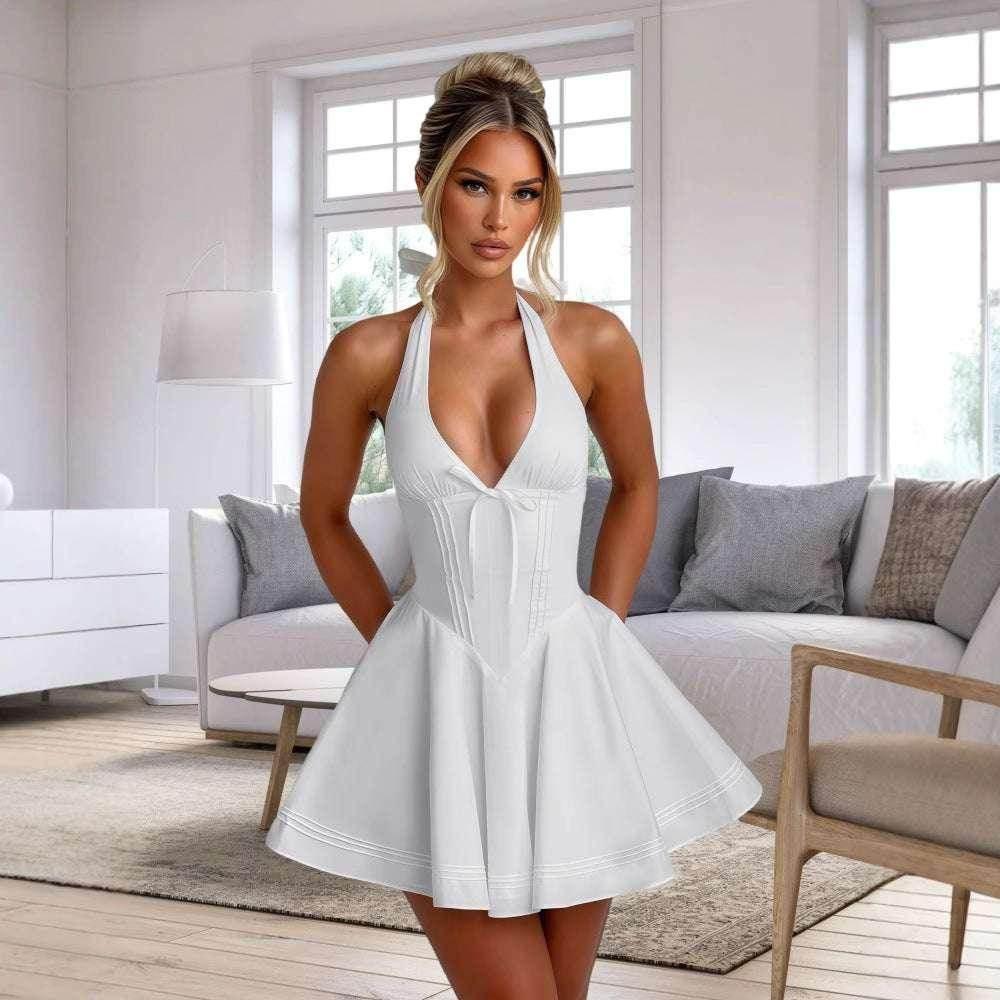 Halter Deep V Short Dress with Bow – White - ZA-Zola