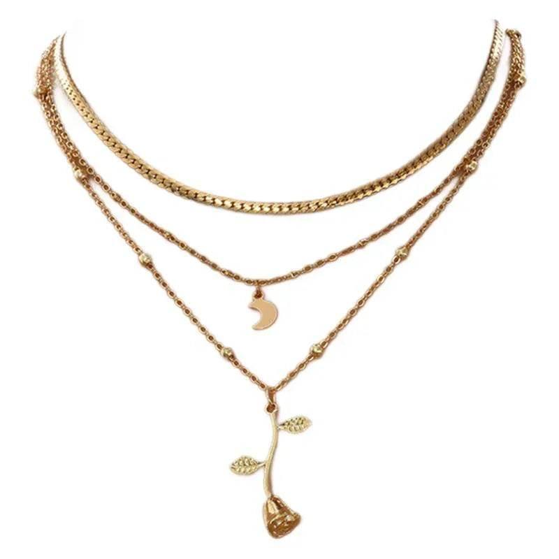 Bohemian Gold Rose Moon Layered Pendant Necklace - ZA-Zola