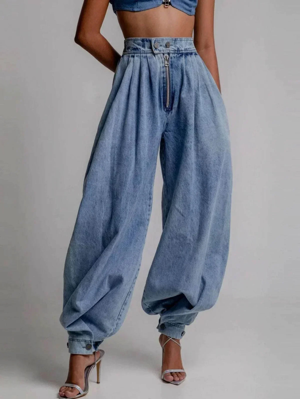 High Waist Zipper Denim Harem Shorts - ZA-Zola