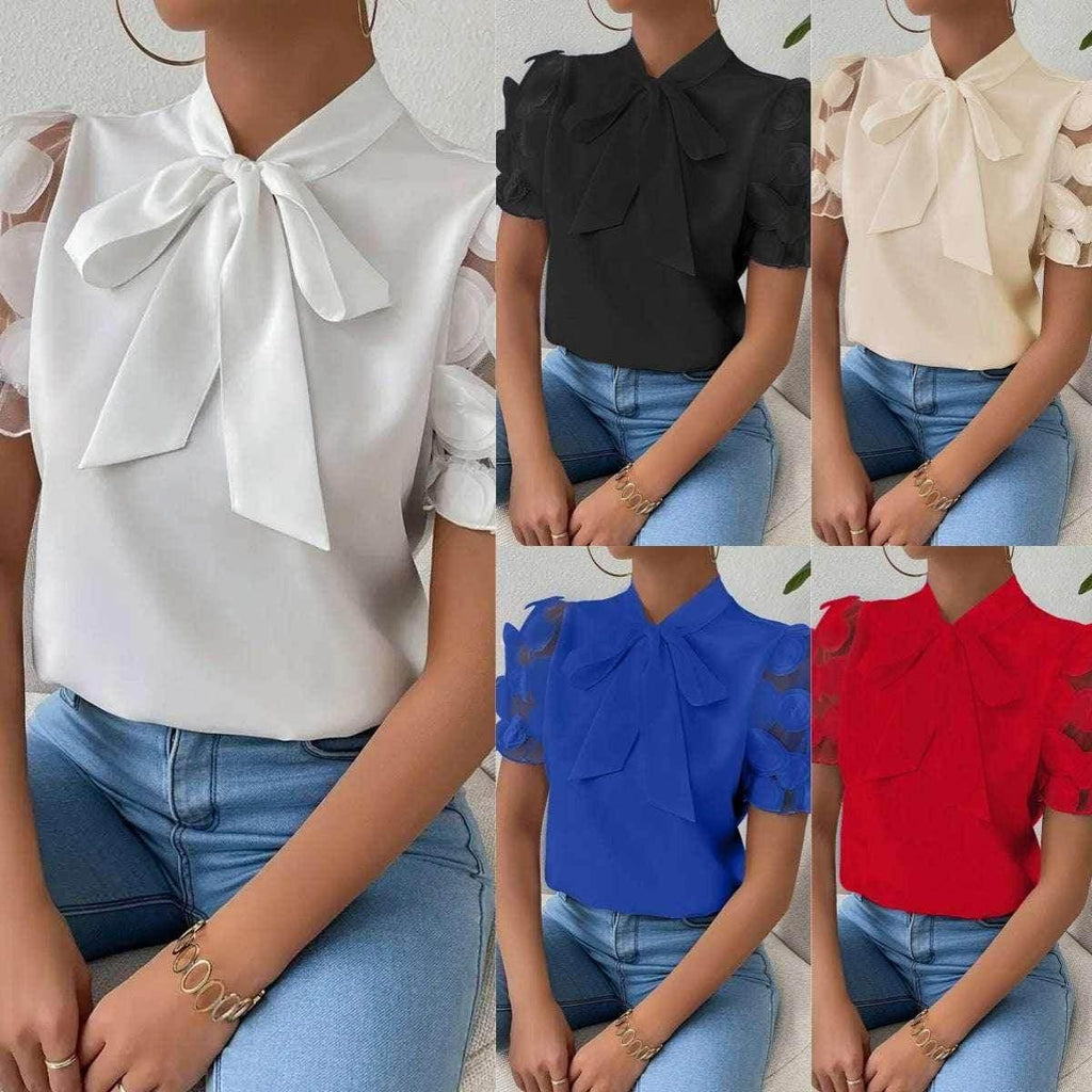 Bow Tie Summer Shirt – Solid Color Short Sleeve - ZA-Zola