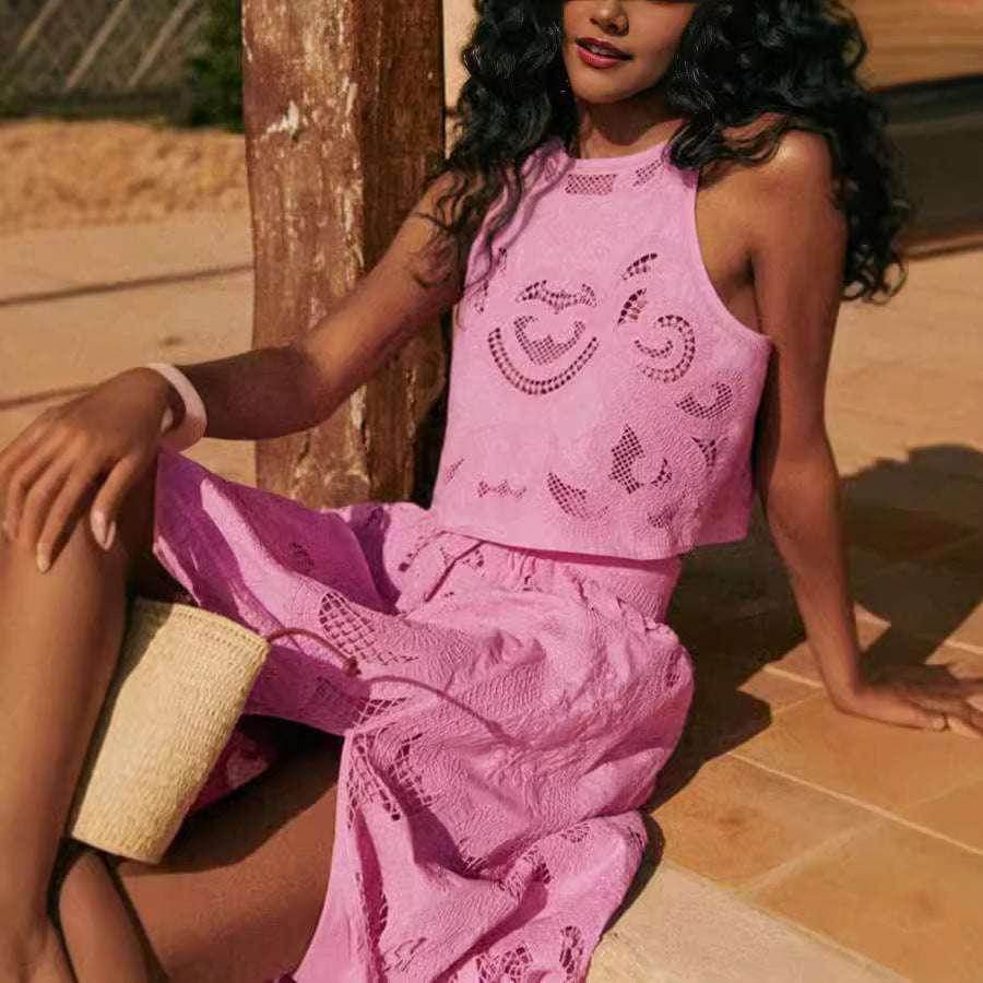 Woman in pink lace two-piece outfit, trendy ZA-Zola summer fashion, outdoor setting