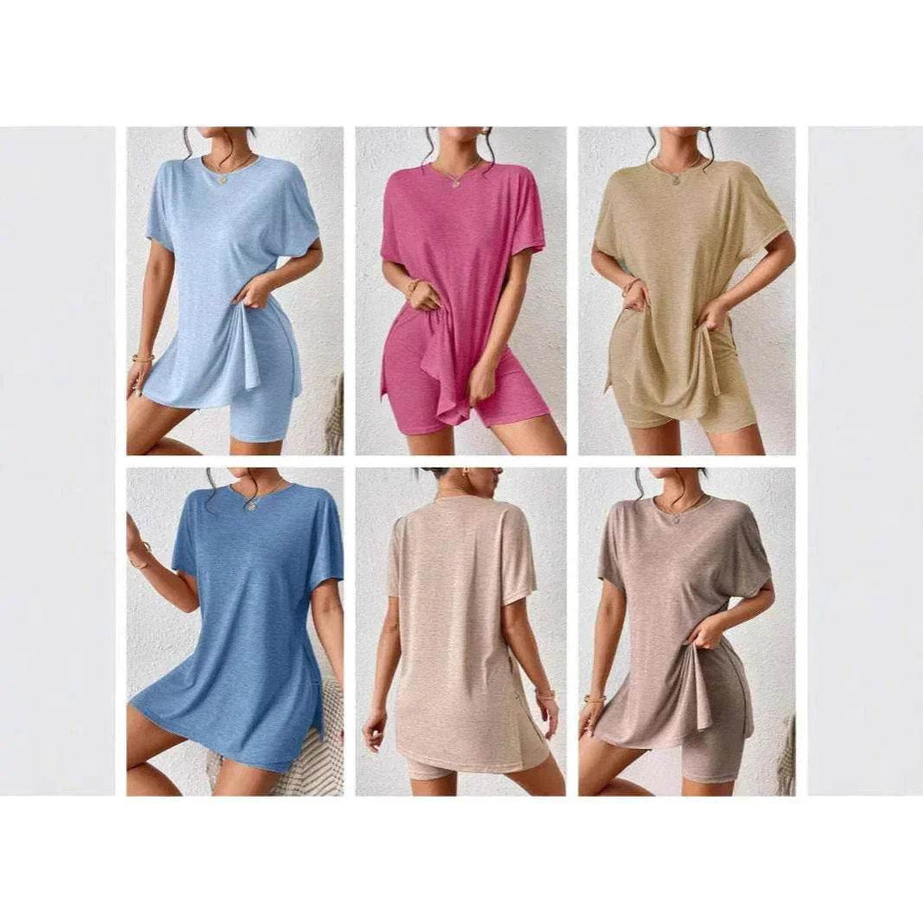 Women's casual two-piece shorts sets in blue, pink, beige, shown at ZA-Zola fashion store.