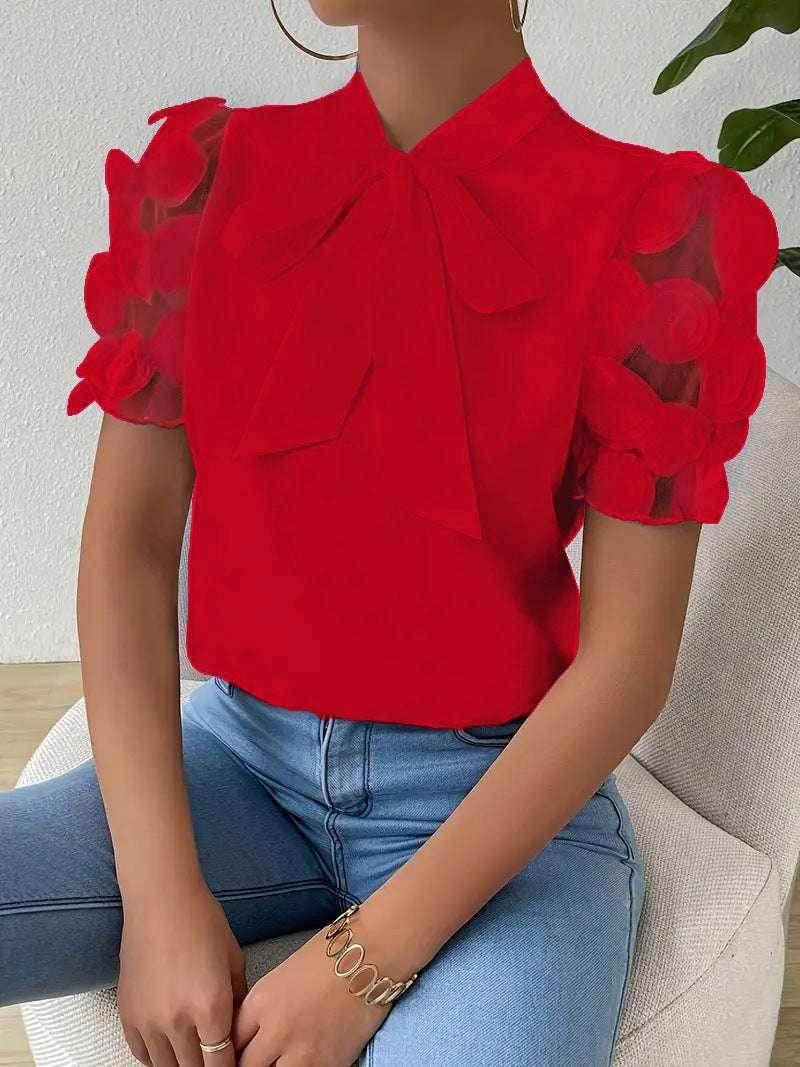 Bow Tie Summer Shirt – Solid Color Short Sleeve - ZA-Zola