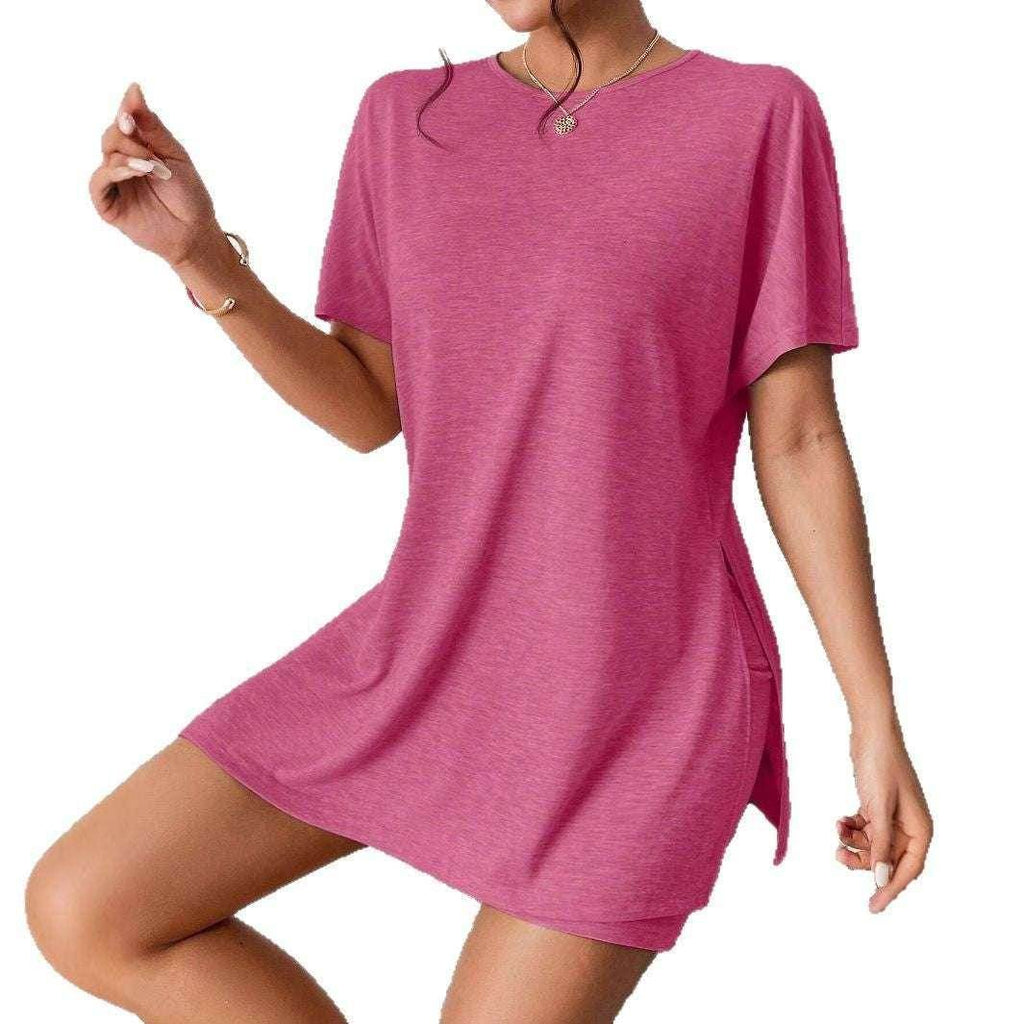 Woman modeling a casual pink T-shirt dress from ZA-Zola, trendy UK fashion apparel