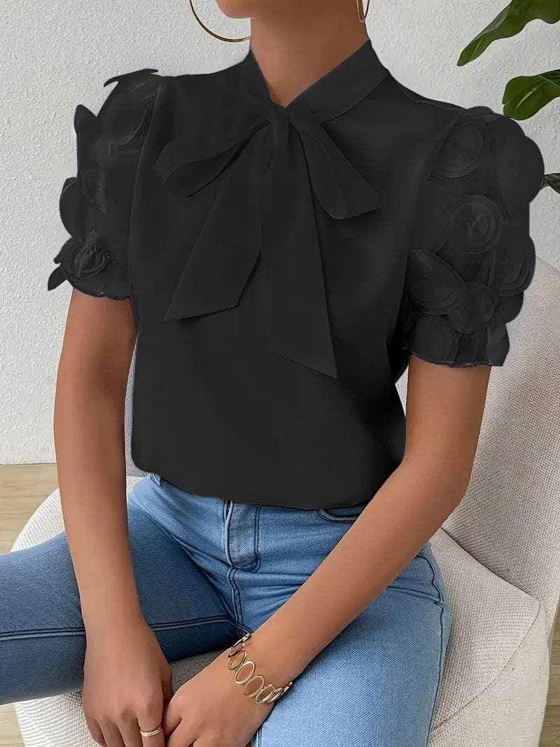Bow Tie Summer Shirt – Solid Color Short Sleeve - ZA-Zola