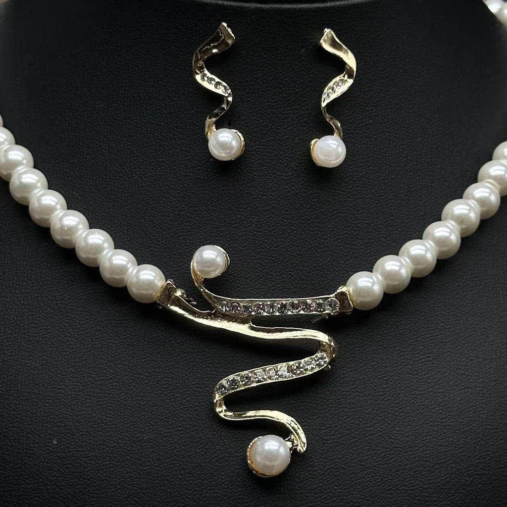 Deep V Clavicle Pearl Necklace & Earrings Set - ZA-Zola