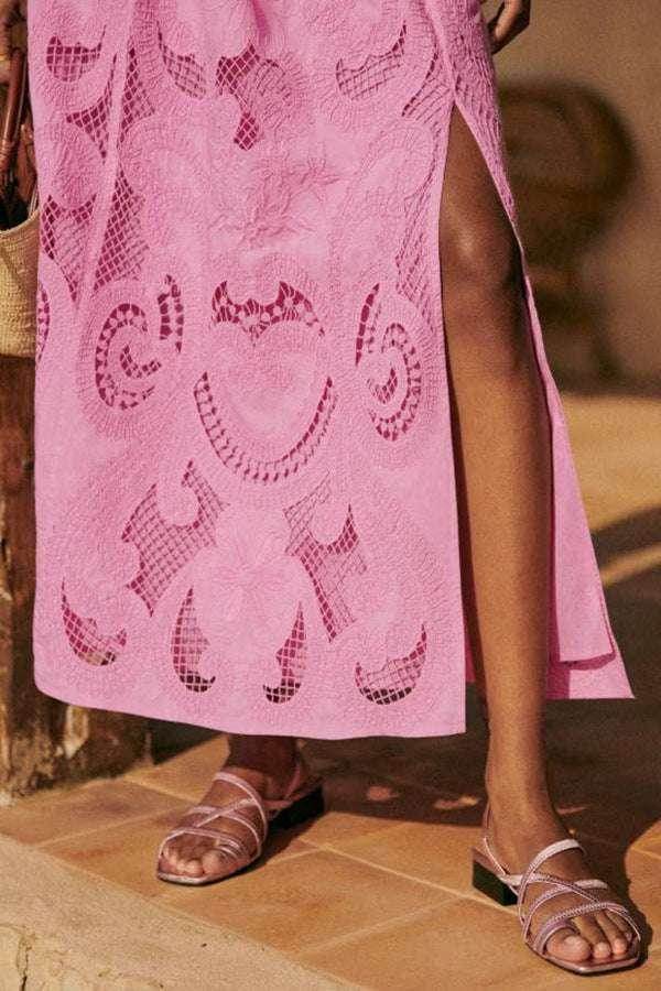 Woman in pink lace maxi dress with side slit and strappy sandals, ZA-Zola fashion style