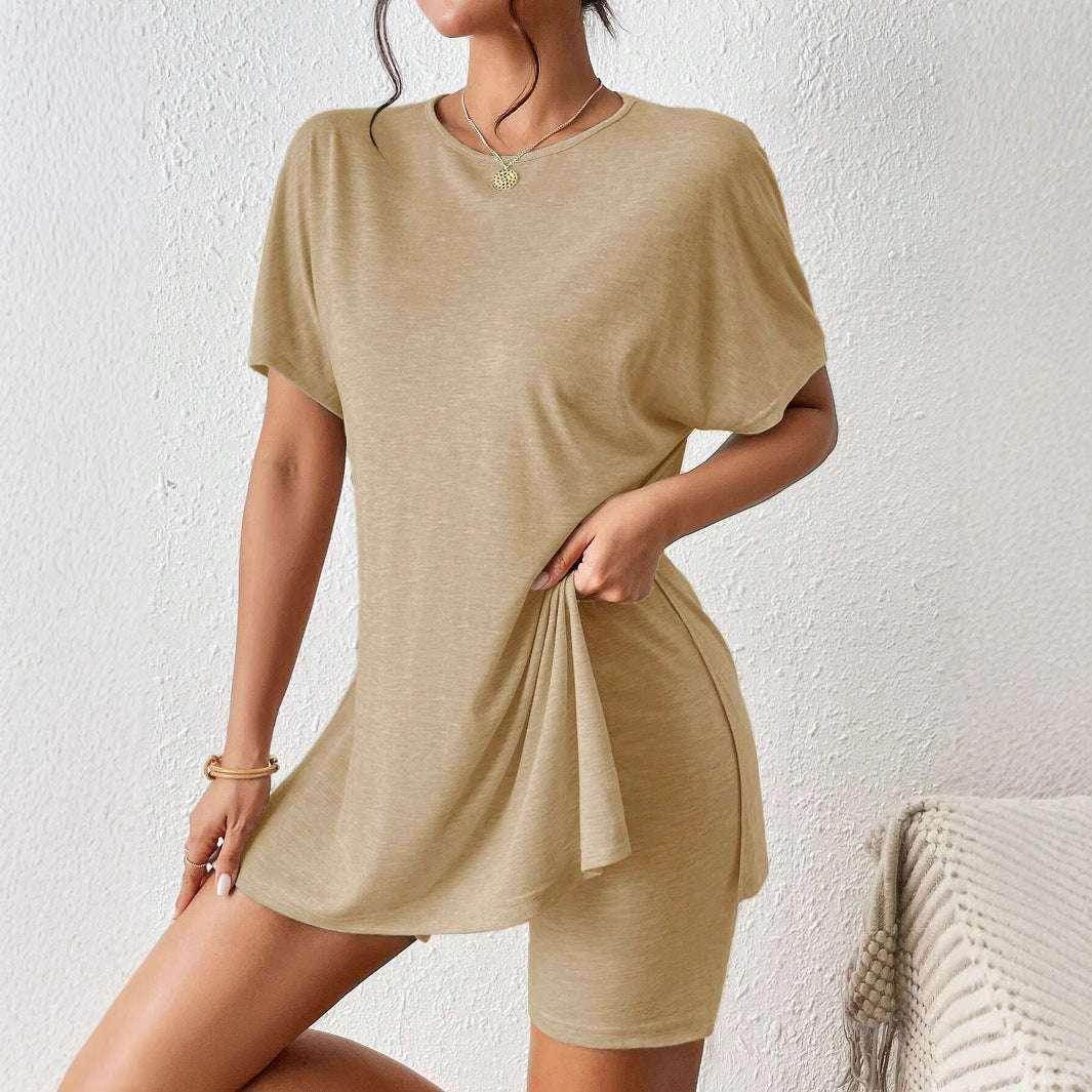 ZA-Zola beige loungewear set, relaxed fit t-shirt and shorts, casual fashion style
