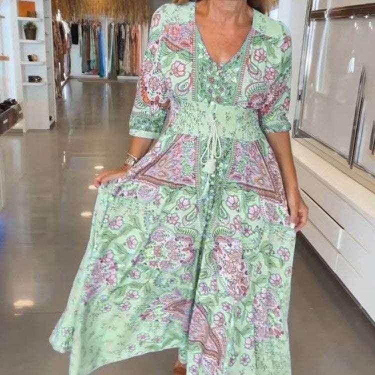 Floral Elastic Waist Dress – Sky Blue & Green - ZA-Zola