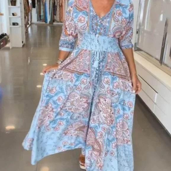 Floral Elastic Waist Dress – Sky Blue & Green - ZA-Zola