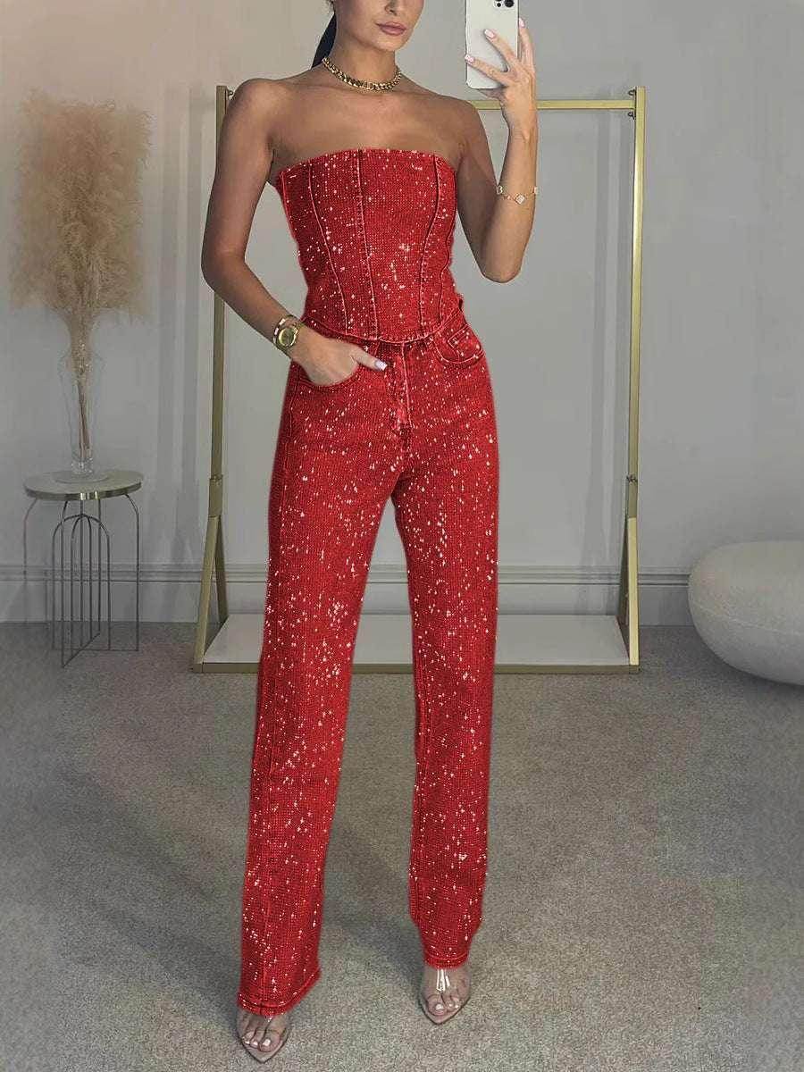 Woman wearing red sequin strapless jumpsuit, mirror selfie, ZA-Zola trendy fashion